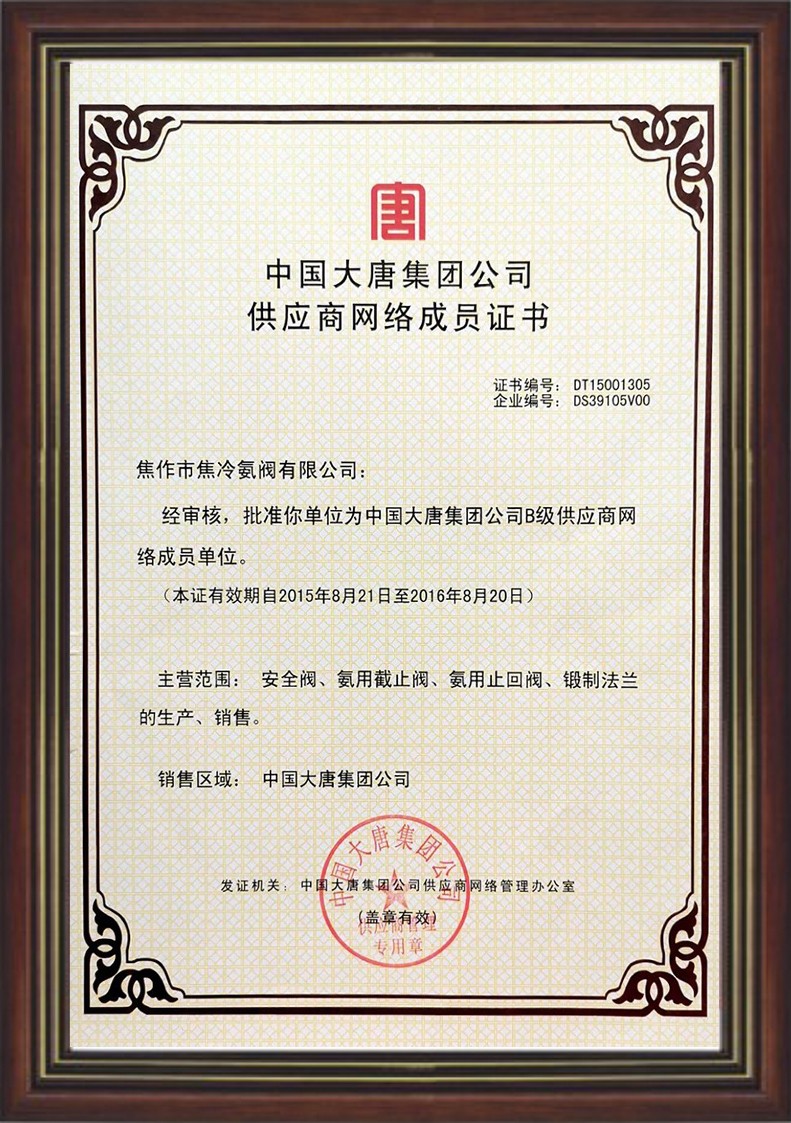 大唐集团成员证书